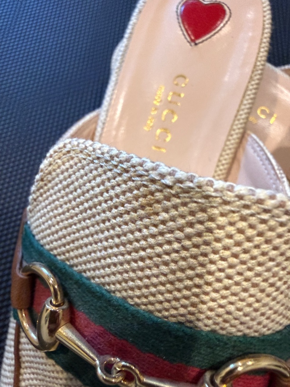 Women’s Beige Slip-On Loafers with Green & Red Web Accent - Picture 3 of 4